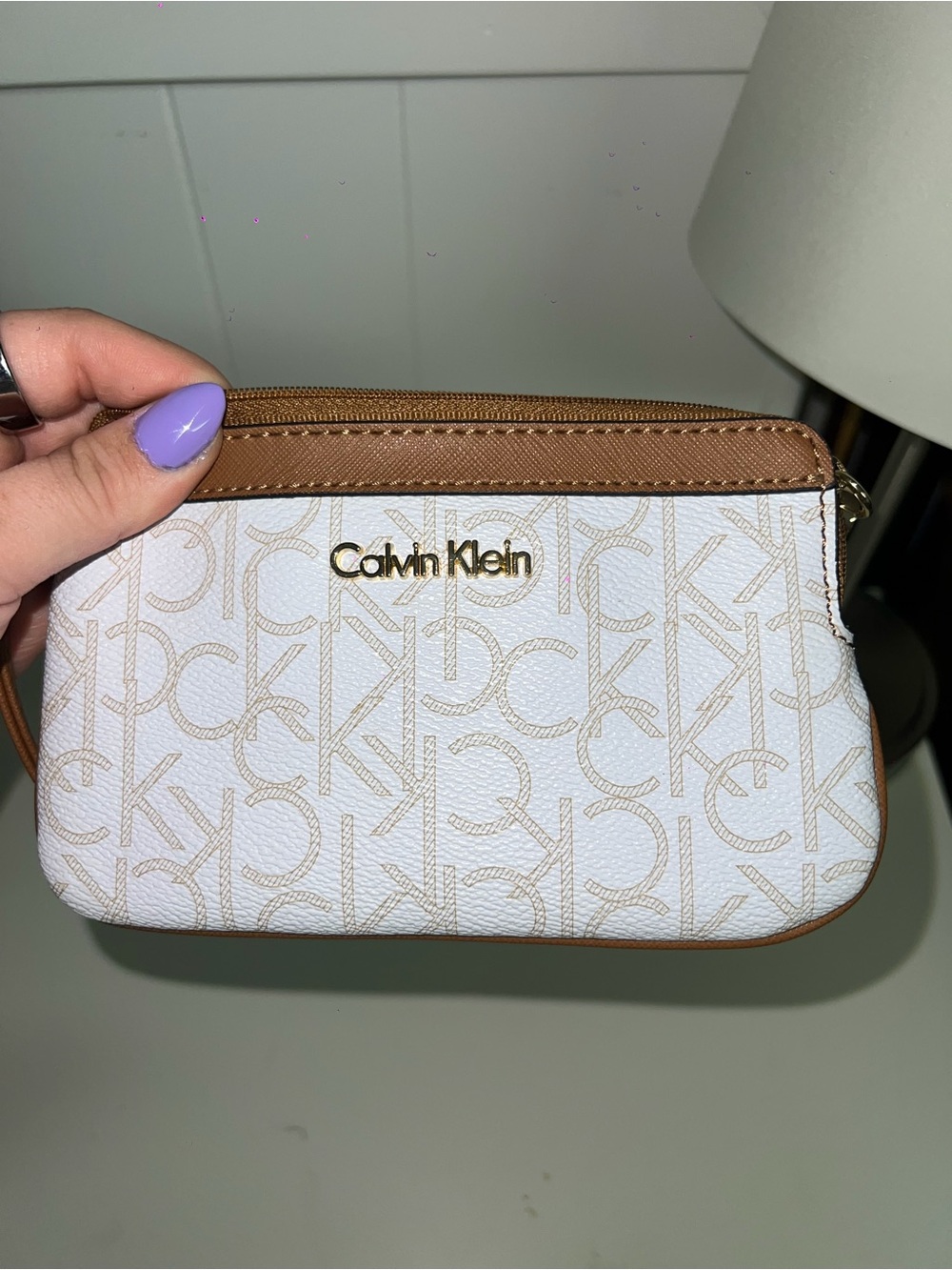Calvin Klein Cream & Tan Signature Wristlet Pouch
